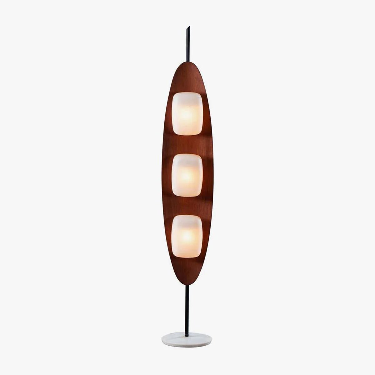 Lampa podłogowa z pionową owalną bryłą i trzema panelami światła