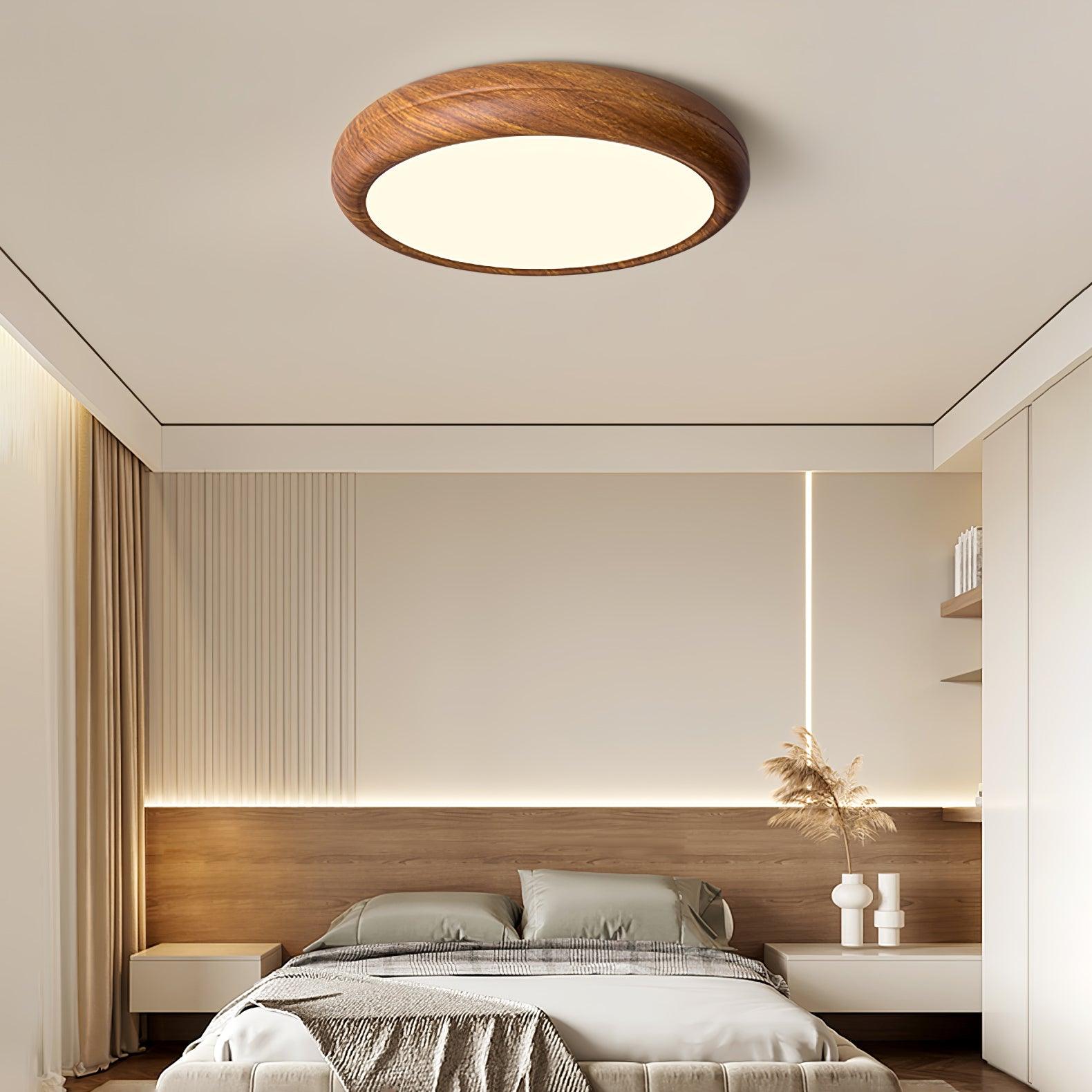 Lampe de plafond ronde avec boîtier à texture bois