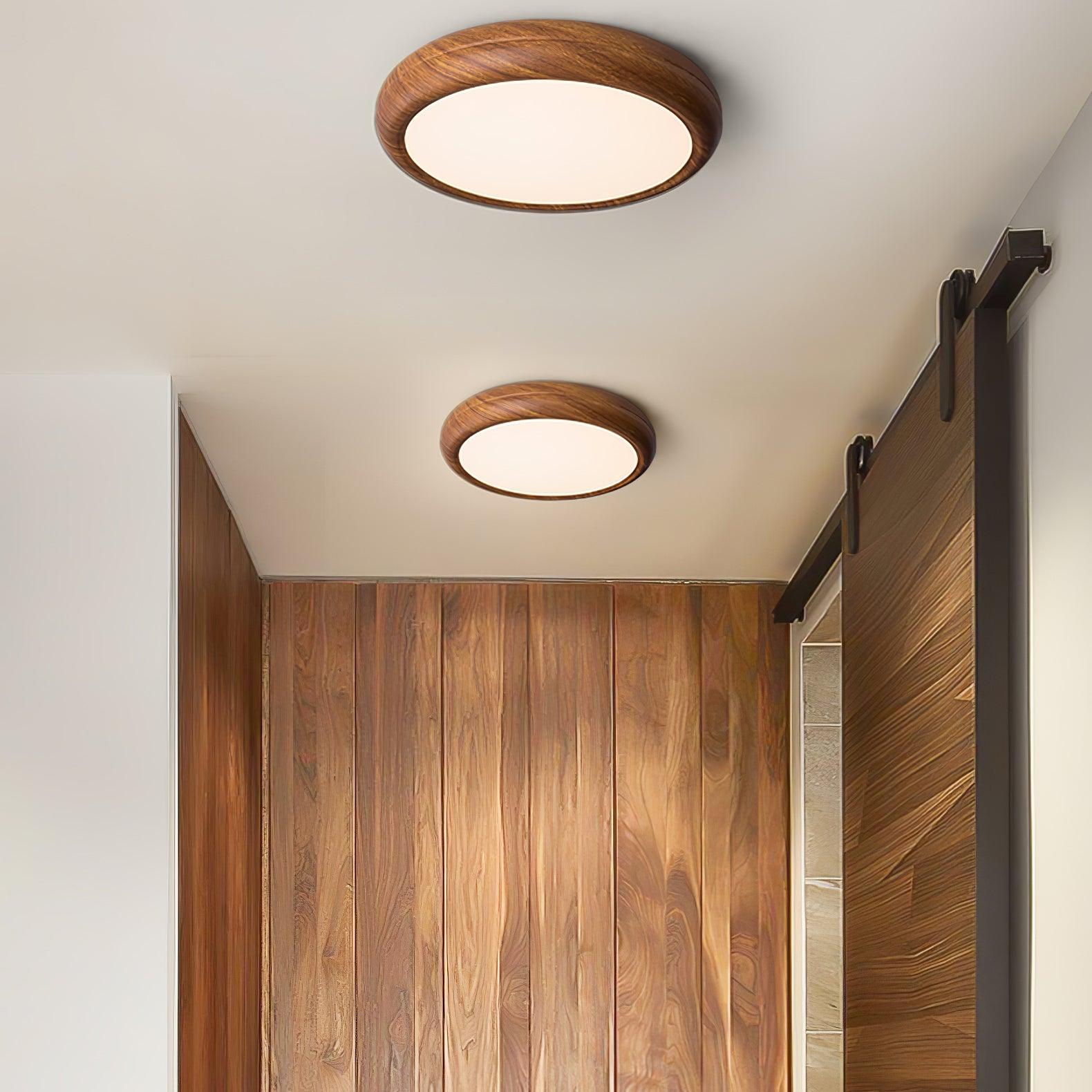 Lampe de plafond ronde avec boîtier à texture bois