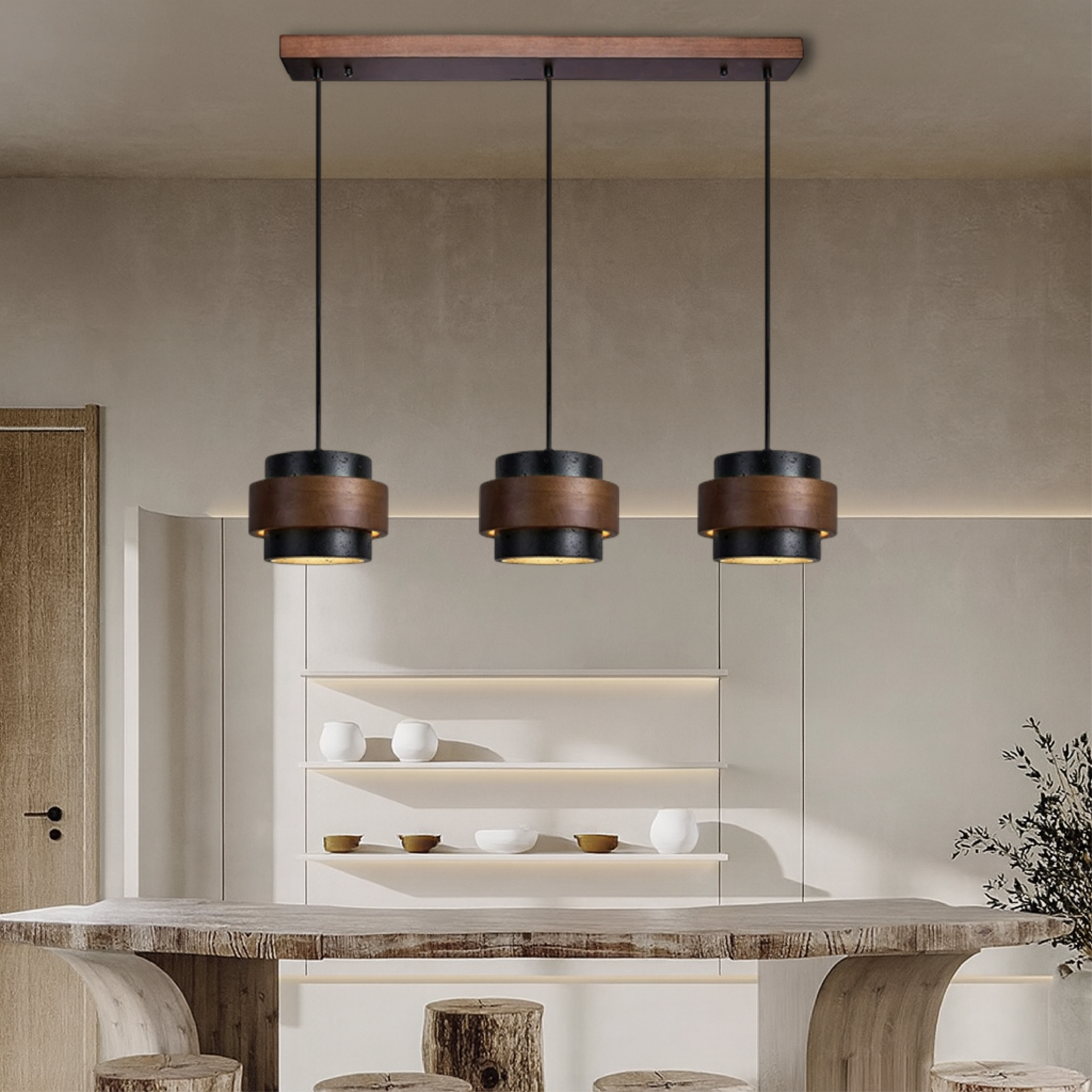 Lampa wisząca z 3 głowicami z trawertynu